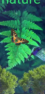 Colorful butterfly and hummingbird on green leaves wallpaper.