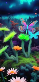 Colorful butterflies and flowers in a mystical fantasy setting.