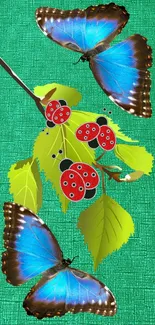 Blue butterflies and ladybugs on green leaves.