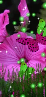 Vibrant nature wallpaper with pink flowers and green butterflies.