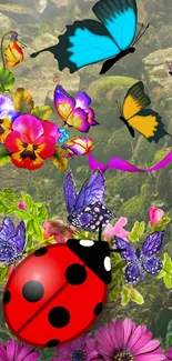 Colorful butterflies and ladybug on vibrant flowers wallpaper.