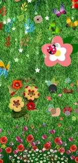 Cartoon nature wallpaper with butterflies, flowers, and garden creatures on green grass.