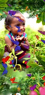 Joyful child surrounded by colorful butterflies in lush green foliage.