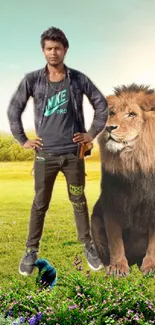 Person standing beside a lion in a lush, green landscape with wildlife.