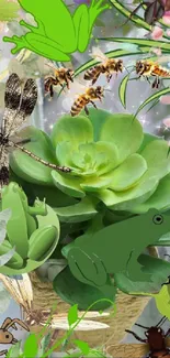 Nature collage wallpaper with plants, insects, and frogs.