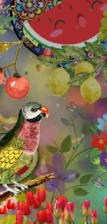 Colorful phone wallpaper with bird, fruits, and flowers collage.