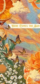 Vibrant collage of nature with oranges, butterflies, and flowers in orange hues.