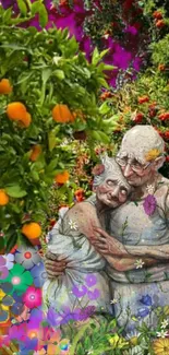 Elderly couple surrounded by vibrant flowers and orange trees in a whimsical garden.