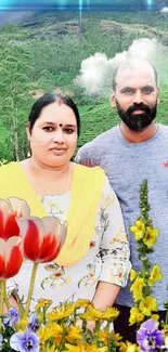 Couple in nature with vibrant flowers.