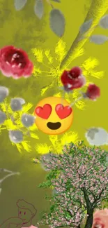 Bright wallpaper with palm trees, flowers, and heart-eyed emoji.