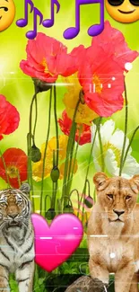 Vibrant wallpaper with emojis, flowers, tiger, and lion on green background.