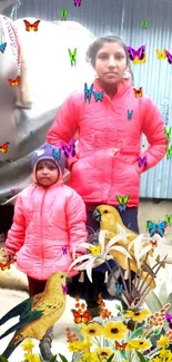 Family in pink jackets with butterflies and birds in vibrant nature wallpaper.