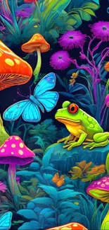 Vibrant fantasy art with frogs and butterflies amidst colorful mushrooms.