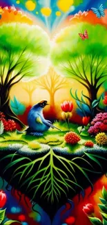 Vibrant fantasy art with trees, flowers, and a bird in a surreal setting.