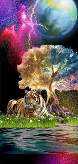 Vivid wallpaper featuring tiger by a mystical tree with cosmic backdrop.