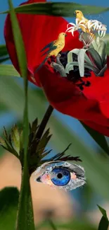 Fantasy nature wallpaper with red flowers and whimsical birds.