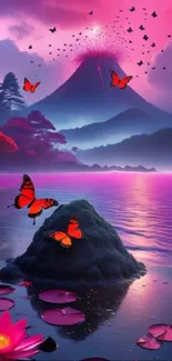 Vibrant scene with pink sky, butterflies, mountain, and serene waters.