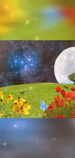 Vibrant nature fantasy wallpaper with moon, flowers, and starlit sky.