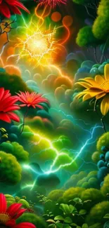 Vibrant fantasy wallpaper with colorful flowers and mystical light.