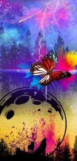 Vibrant fantasy wallpaper with butterflies, wolves, and cosmic elements.