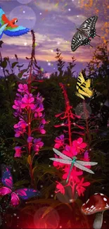 Vibrant fantasy wallpaper with colorful flowers, butterflies, and birds in nature.