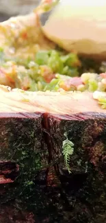 Close-up of a vibrant nature-inspired dish on a wooden surface.