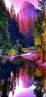 Vibrant forest with a river reflection under purple skies.