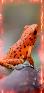 Close-up of an orange frog on forest floor wallpaper.