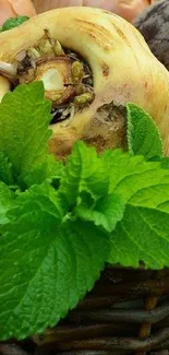 Vibrant wallpaper with green mint leaves and earthy vegetables.