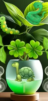 Green nature wallpaper with turtle, snake, and lush leaves.