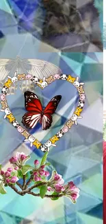 Colorful geometric wallpaper with butterflies, a heart, and blossoms.