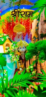 A colorful spiritual scene with deity and nature elements.