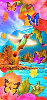 Colorful hummingbird and butterflies with vivid flowers on a nature-themed mobile wallpaper.