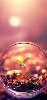 Delicate plant encased in glowing bubble on warm backdrop.