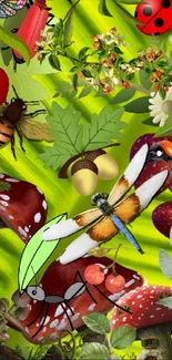 Vibrant nature wallpaper with insects on a green leaf background.