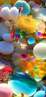 Vibrant mobile wallpaper with abstract fish and colorful pebbles and flowers.