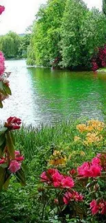 Vibrant nature landscape with a lake and colorful flowers.