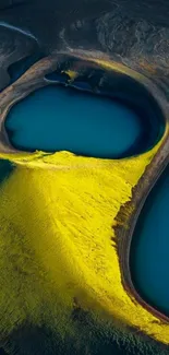 Aerial view of two lakes with vibrant yellow and blue colors.