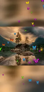 Serene lake view with colorful butterflies, mountains, and a golden sky.