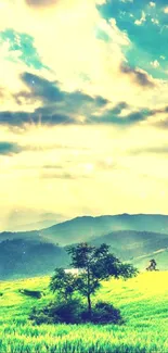 Vibrant landscape with green fields and mountains under a colorful sky.