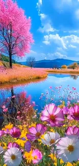 Blooming flowers with serene lake and blue sky.