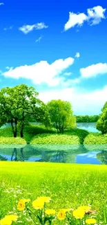 Vibrant nature wallpaper with green fields and blue sky.