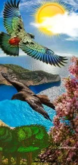 Vibrant nature wallpaper with birds, trees, and sunshine scene.