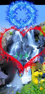 Vibrant nature phone wallpaper with heart and waterfall.