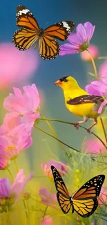 Colorful butterflies and yellow bird with pink flowers wallpaper.