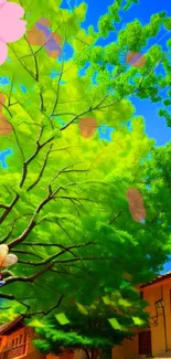 Vibrant green tree with colorful summer elements.