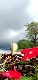 A vibrant mobile wallpaper with red flowers, green leaves, and a cloudy sky.