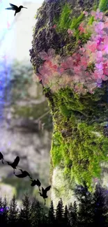 Mossy forest with pink blossoms and flying birds on a mobile wallpaper.