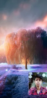 A vibrant tree under a colorful sunset in a digital artwork.