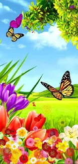 Colorful flowers and butterflies under a bright blue sky in a vibrant nature scene.